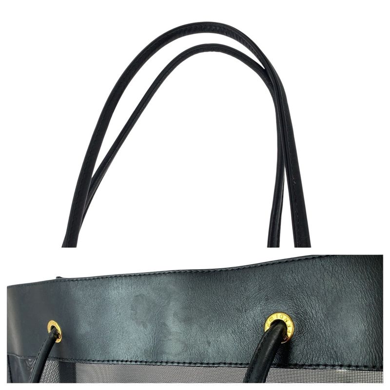 Fendi FF Logo Black Gold Leather Mesh Tote Shoulder Bag