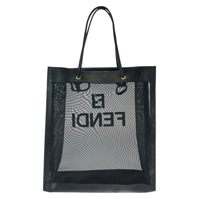 Fendi FF Logo Black Gold Leather Mesh Tote Shoulder Bag