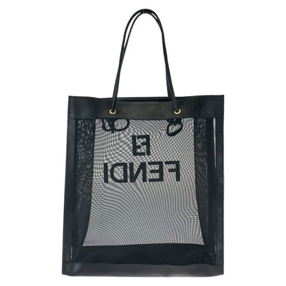 Fendi FF Logo Black Gold Leather Mesh Tote Shoulder Bag