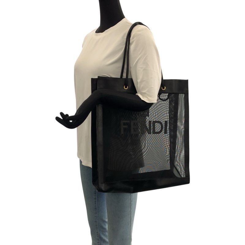 Fendi FF Logo Black Gold Leather Mesh Tote Shoulder Bag