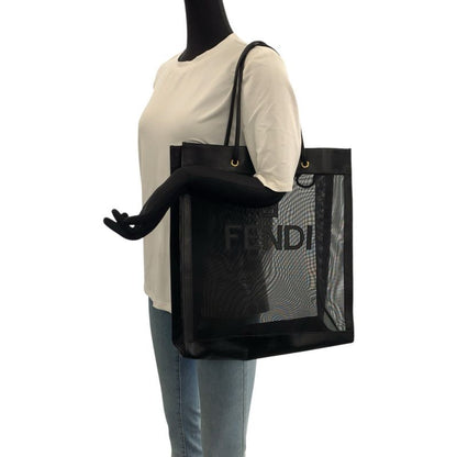 Fendi FF Logo Black Gold Leather Mesh Tote Shoulder Bag