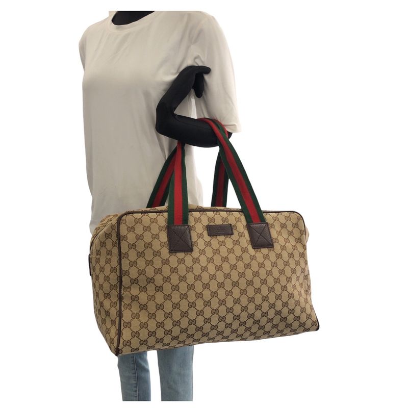Gucci Sherry Line Beige Brown GG Canvas Leather Boston Bag