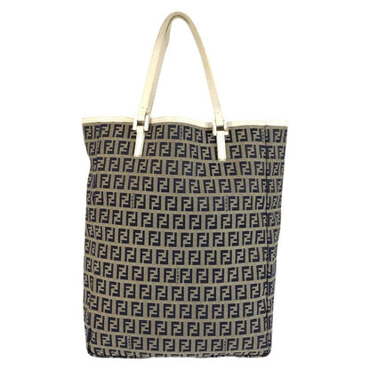 Fendi Zucchino Gray White Silver Canvas Leather Tote