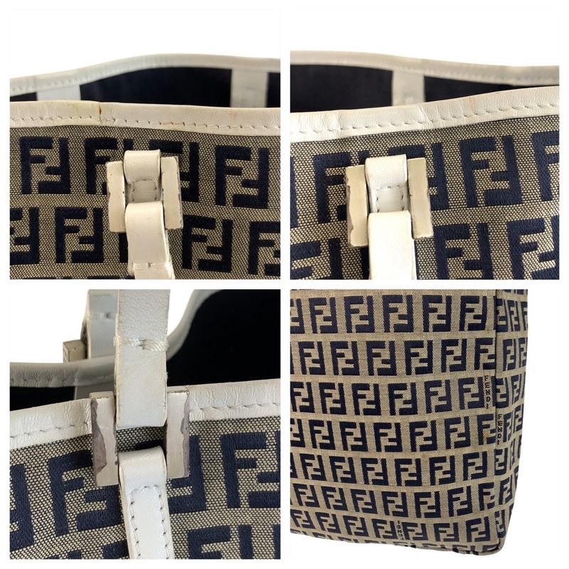 Fendi Zucchino Gray White Silver Canvas Leather Tote