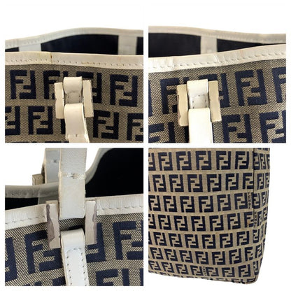 Fendi Zucchino Gray White Silver Canvas Leather Tote