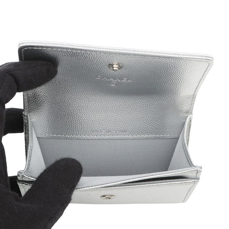 Chanel Card Case CC Logo Metallic Caviar Leather Business
