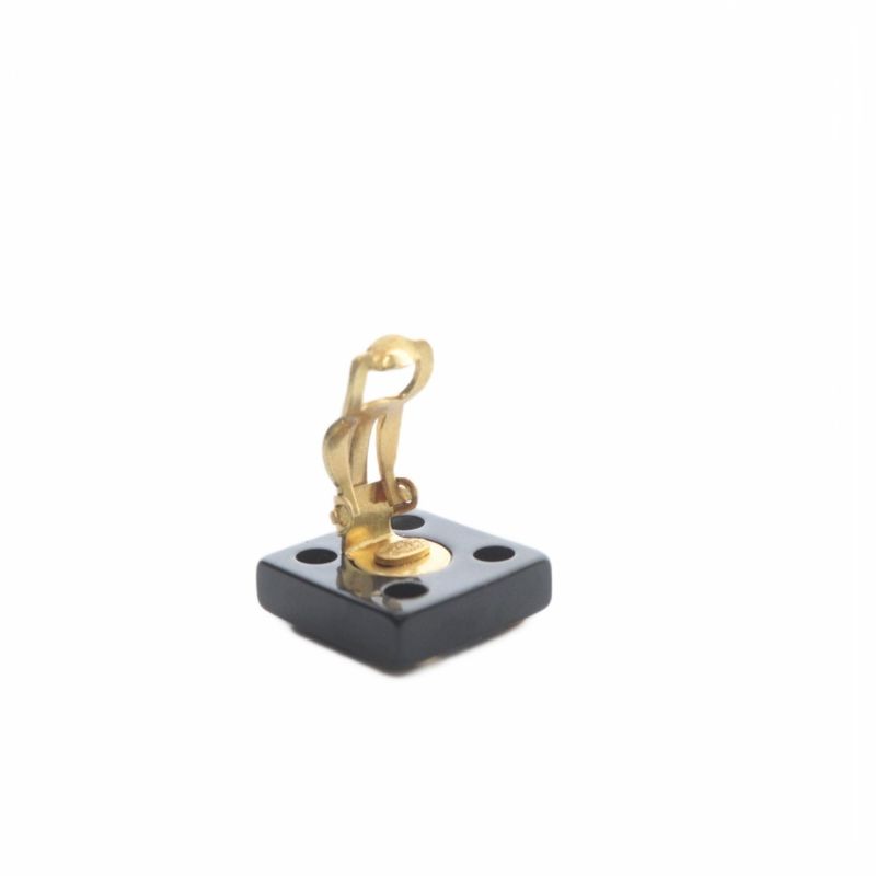 Chanel CC Logo Eyelet Square Earrings Black Gold