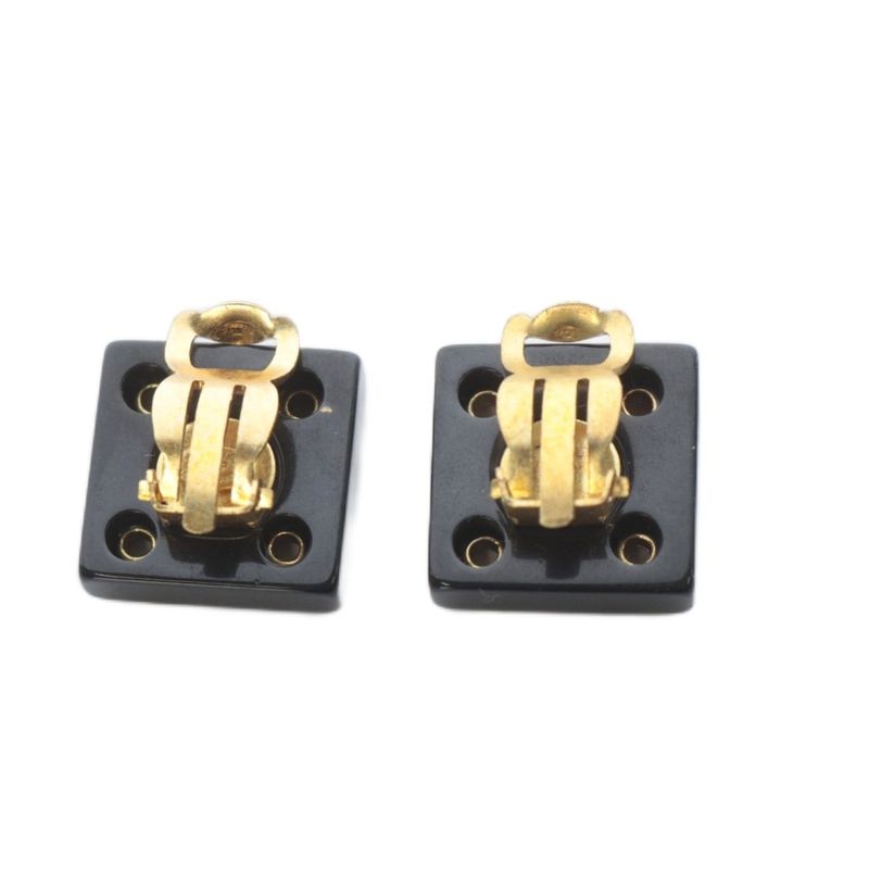 Chanel CC Logo Eyelet Square Earrings Black Gold