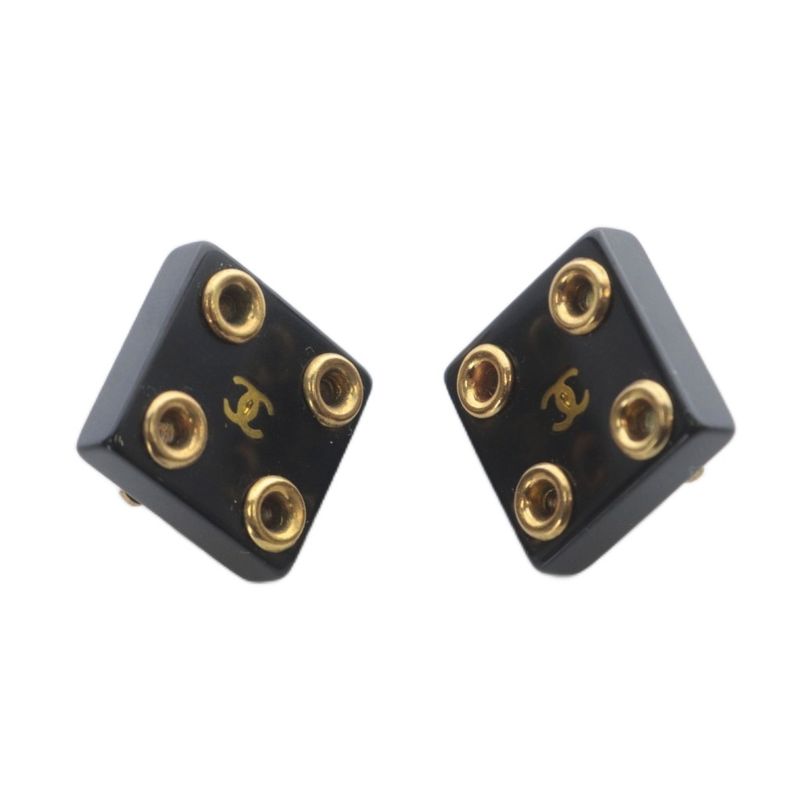 Chanel CC Logo Eyelet Square Earrings Black Gold