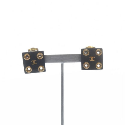 Chanel CC Logo Eyelet Square Earrings Black Gold