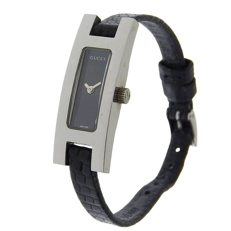 Gucci Stainless Steel Leather Quartz Analog Display Black Dial Watch