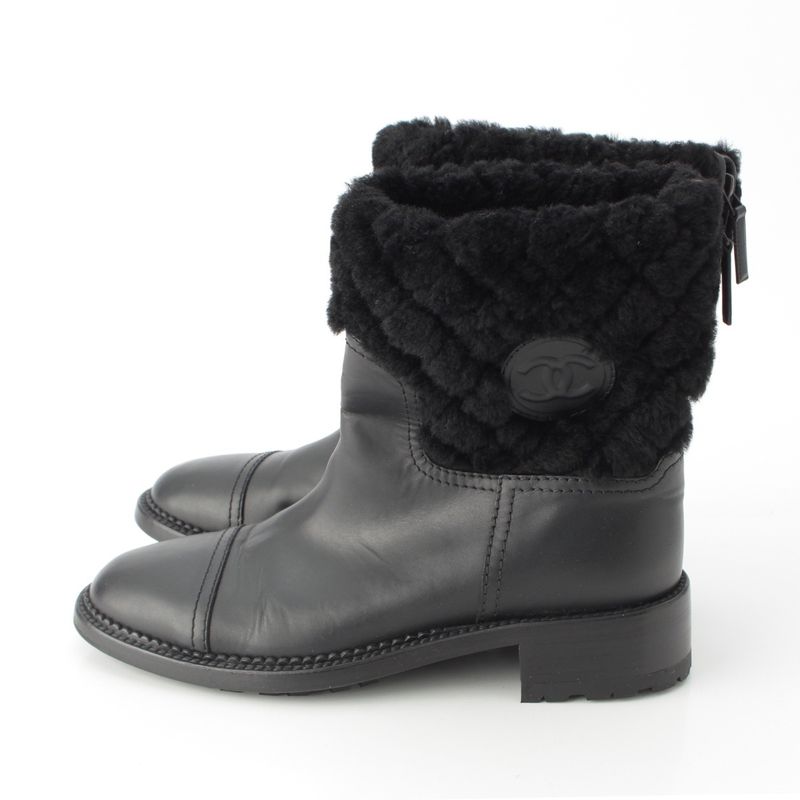 Chanel Leather CC Logo Boa Quilted Back Zip Boots Shoes Black 39