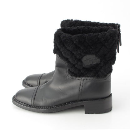 Chanel Leather CC Logo Boa Quilted Back Zip Boots Shoes Black 39