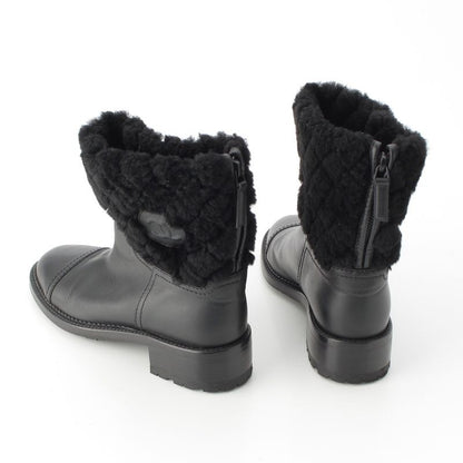 Chanel Leather CC Logo Boa Quilted Back Zip Boots Shoes Black 39
