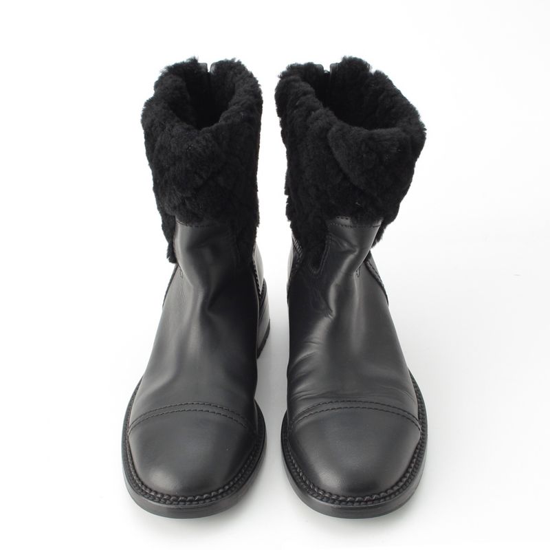 Chanel Leather CC Logo Boa Quilted Back Zip Boots Shoes Black 39