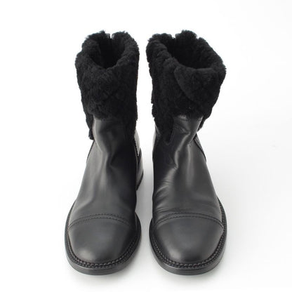 Chanel Leather CC Logo Boa Quilted Back Zip Boots Shoes Black 39