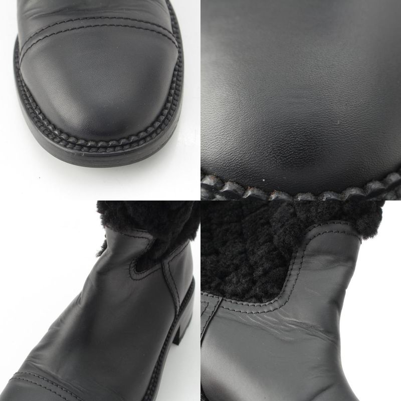 Chanel Leather CC Logo Boa Quilted Back Zip Boots Shoes Black 39