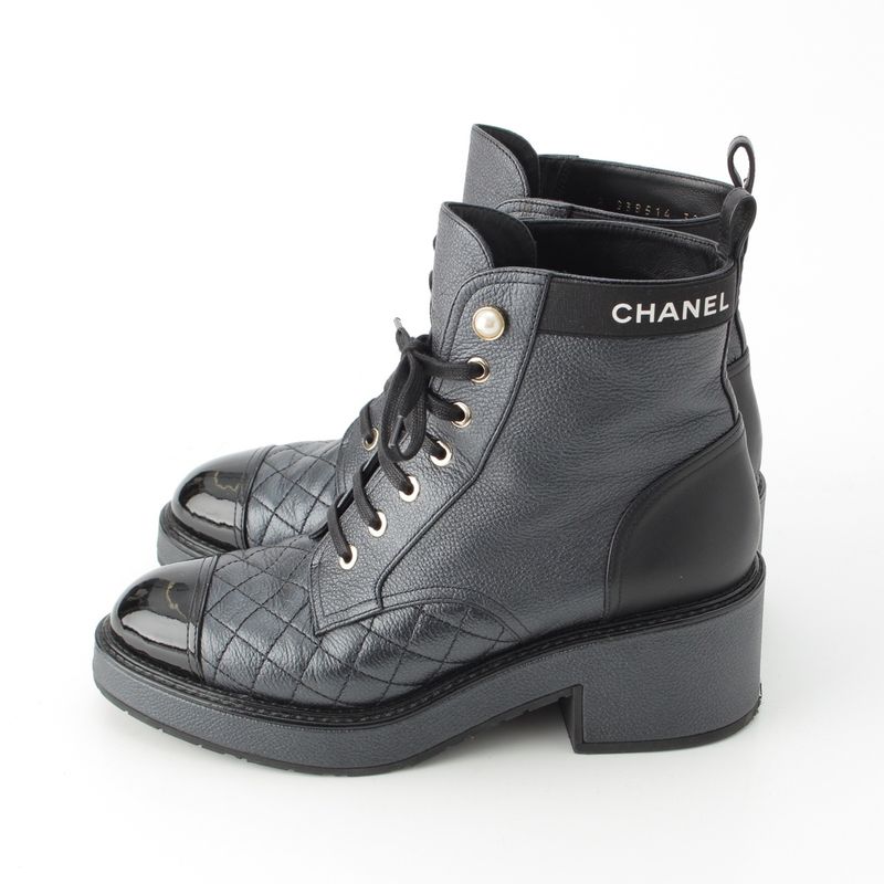 Chanel Patent Leather CC Logo Quilted Short Boots Black 38