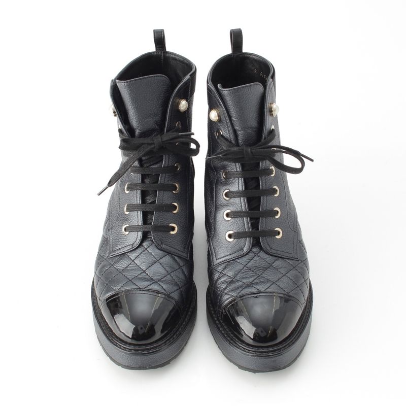 Chanel Patent Leather CC Logo Quilted Short Boots Black 38