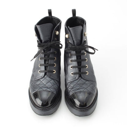 Chanel Patent Leather CC Logo Quilted Short Boots Black 38