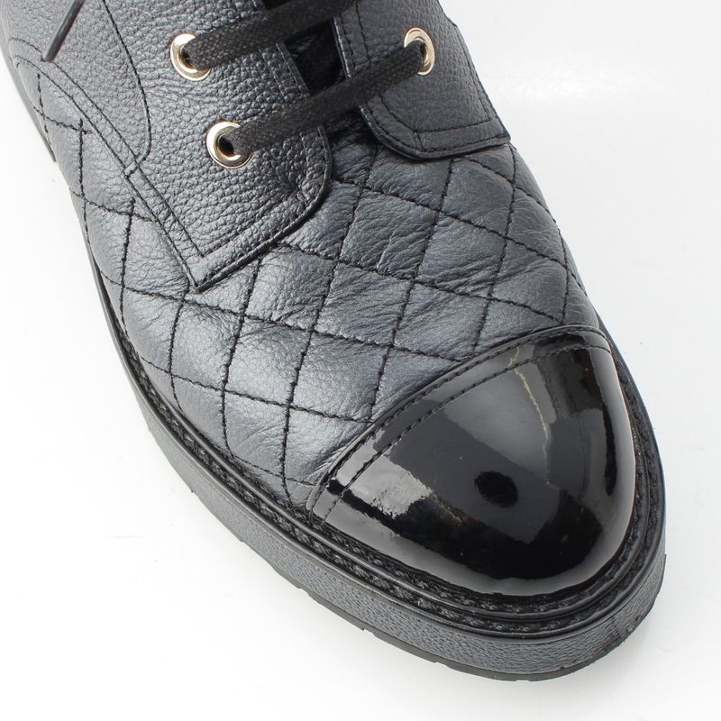 Chanel Patent Leather CC Logo Quilted Short Boots Black 38