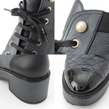 Chanel Patent Leather CC Logo Quilted Short Boots Black 38