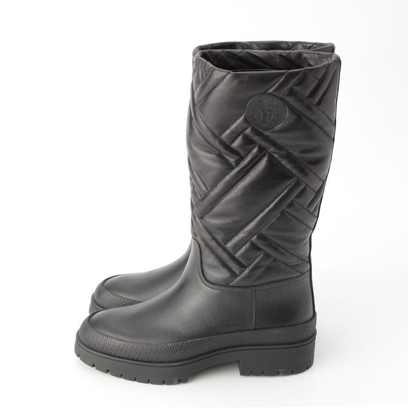 Hermes Leather Fuji Quilted Mosaic Long Boots Shoes Black 36