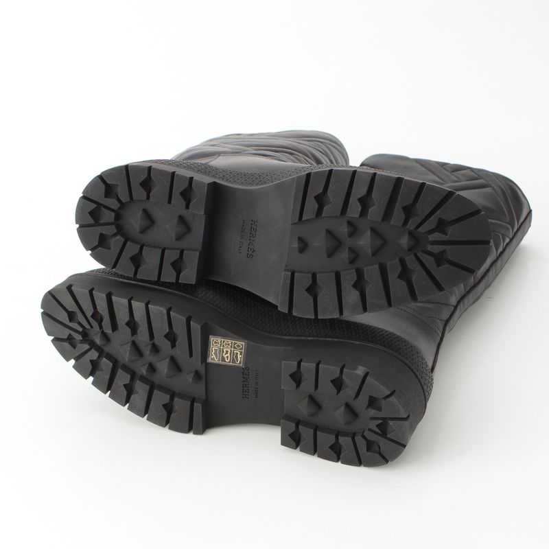 Hermes Leather Fuji Quilted Mosaic Long Boots Shoes Black 36