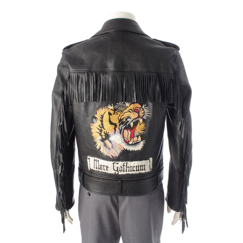 Gucci Tiger Embroidered Biker Jacket Leather Embroidery Fringe Riders