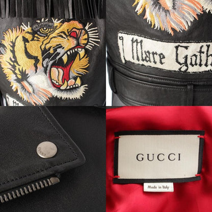 Gucci Tiger Embroidered Biker Jacket Leather Embroidery Fringe Riders