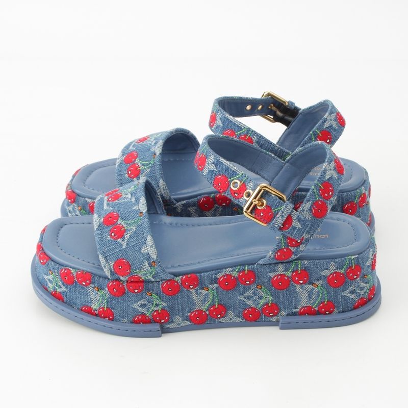 Louis Vuitton Denim Takashi Murakami Cherry Maya Platform Sandals Blue