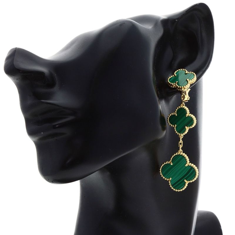Van Cleef & Arpels Magic Alhambra 3 Motif Malachite Earrings 18K Yellow Gold