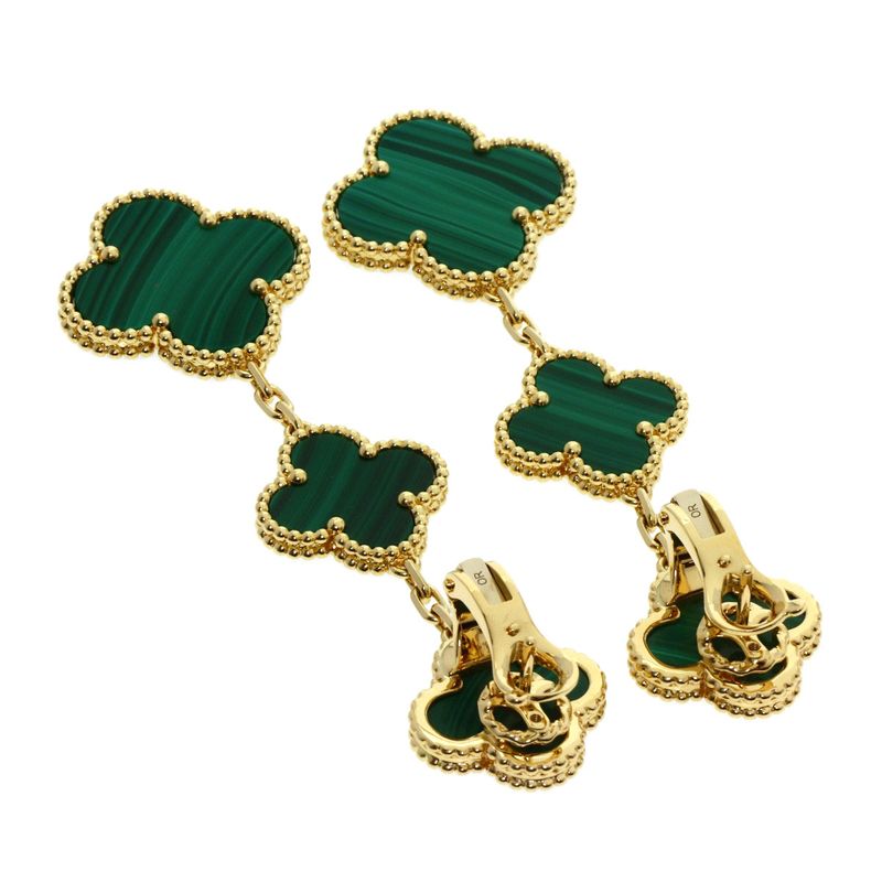 Van Cleef & Arpels Magic Alhambra 3 Motif Malachite Earrings 18K Yellow Gold