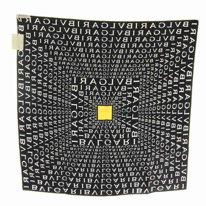 Bvlgari Scarf Large Silk Logo All Over Pattern Black White Yellow