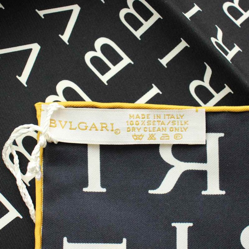 Bvlgari Scarf Large Silk Logo All Over Pattern Black White Yellow