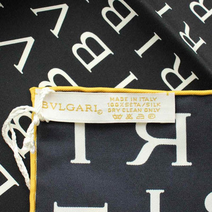 Bvlgari Scarf Large Silk Logo All Over Pattern Black White Yellow