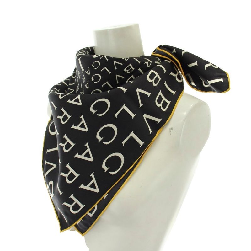 Bvlgari Scarf Large Silk Logo All Over Pattern Black White Yellow