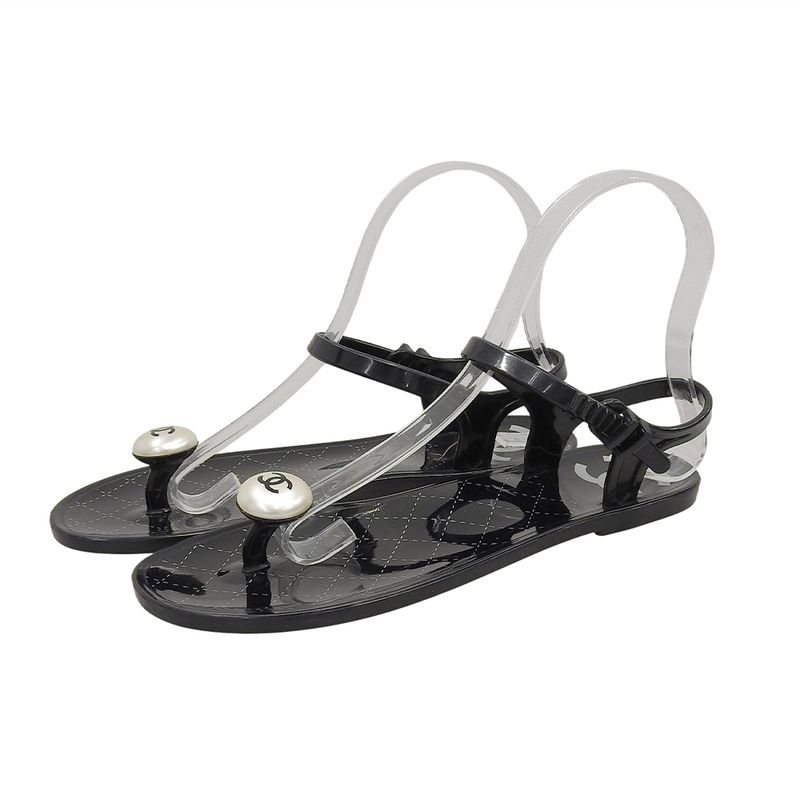 Chanel CC Logo Back Strap Rubber Thong Sandals Black 37