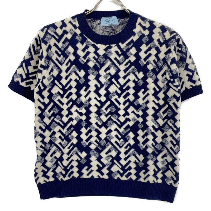 Prada Blue Wool Cashmere All Over Pattern Short Sleeve Knit 40