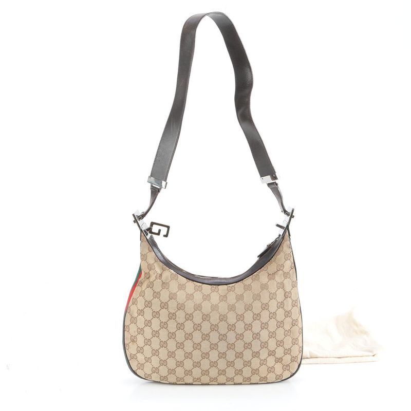 Gucci GG Canvas Sherry Line 001 Leather Shoulder Bag Hand Brown Eem