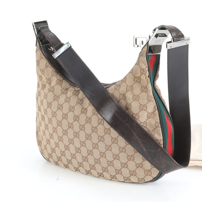 Gucci GG Canvas Sherry Line 001 Leather Shoulder Bag Hand Brown Eem