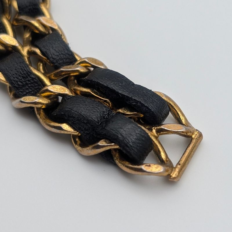 Chanel Leather Chain Belt CC Logo Round Gold Black