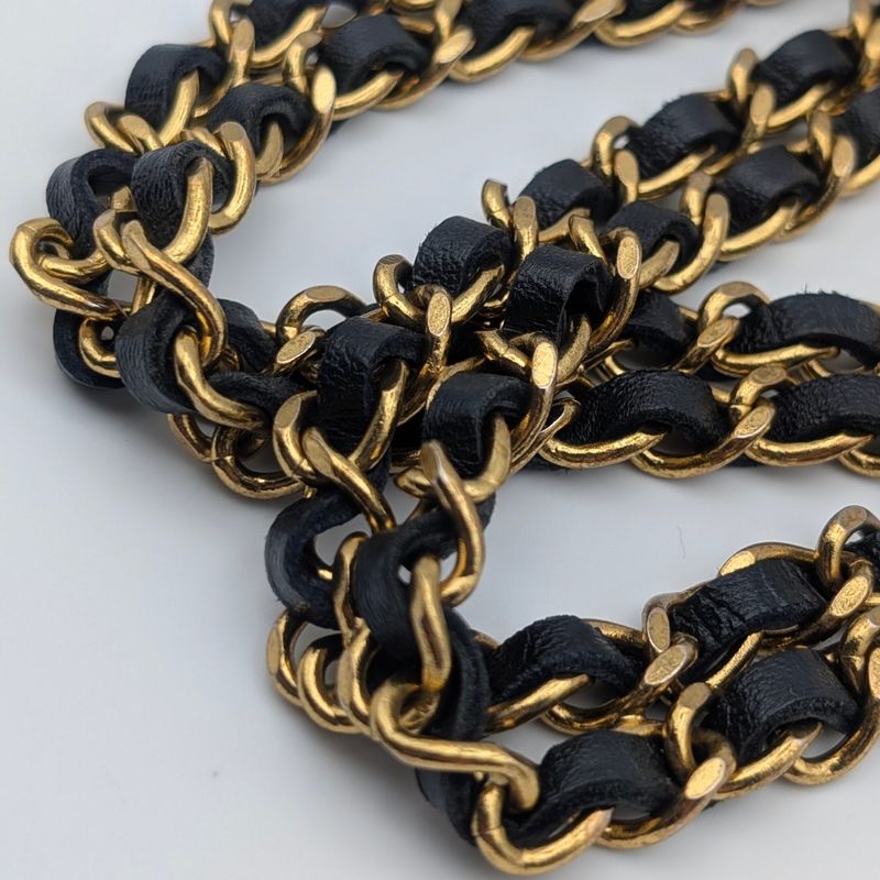 Chanel Leather Chain Belt CC Logo Round Gold Black