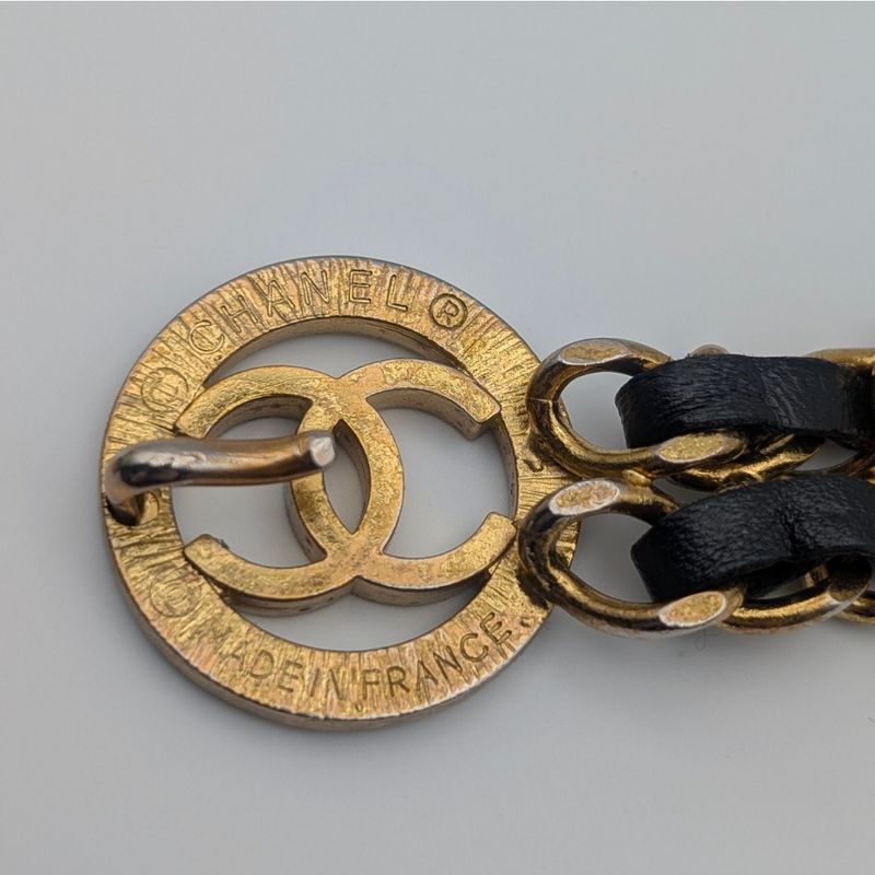 Chanel Leather Chain Belt CC Logo Round Gold Black