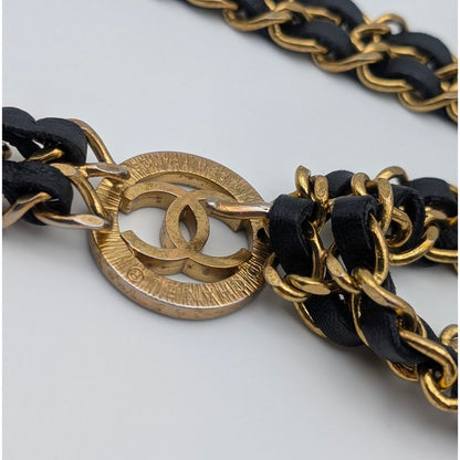 Chanel Leather Chain Belt CC Logo Round Gold Black