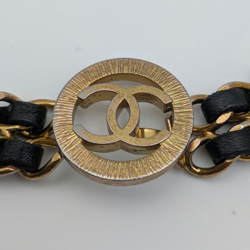 Chanel Leather Chain Belt CC Logo Round Gold Black