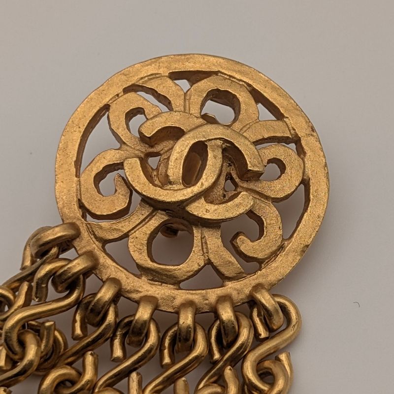 Chanel Earrings CC Logo Gold Fringe Swing Single Ear
