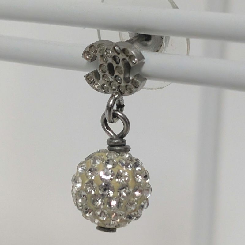 Chanel Earrings CC Logo Silver Mirror Ball Rhinestone