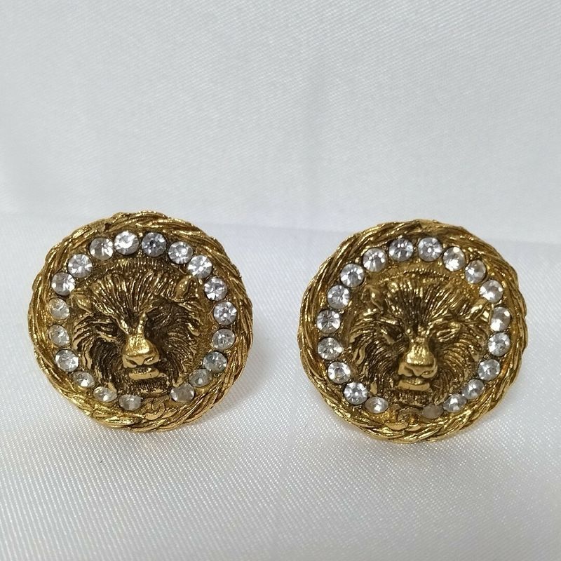Chanel Lion Earrings Gold Rhinestone Circle