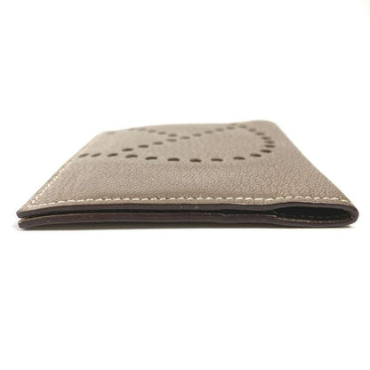 Hermes Card Case Evelyne Logo Perforated Leather Etoupe Beige